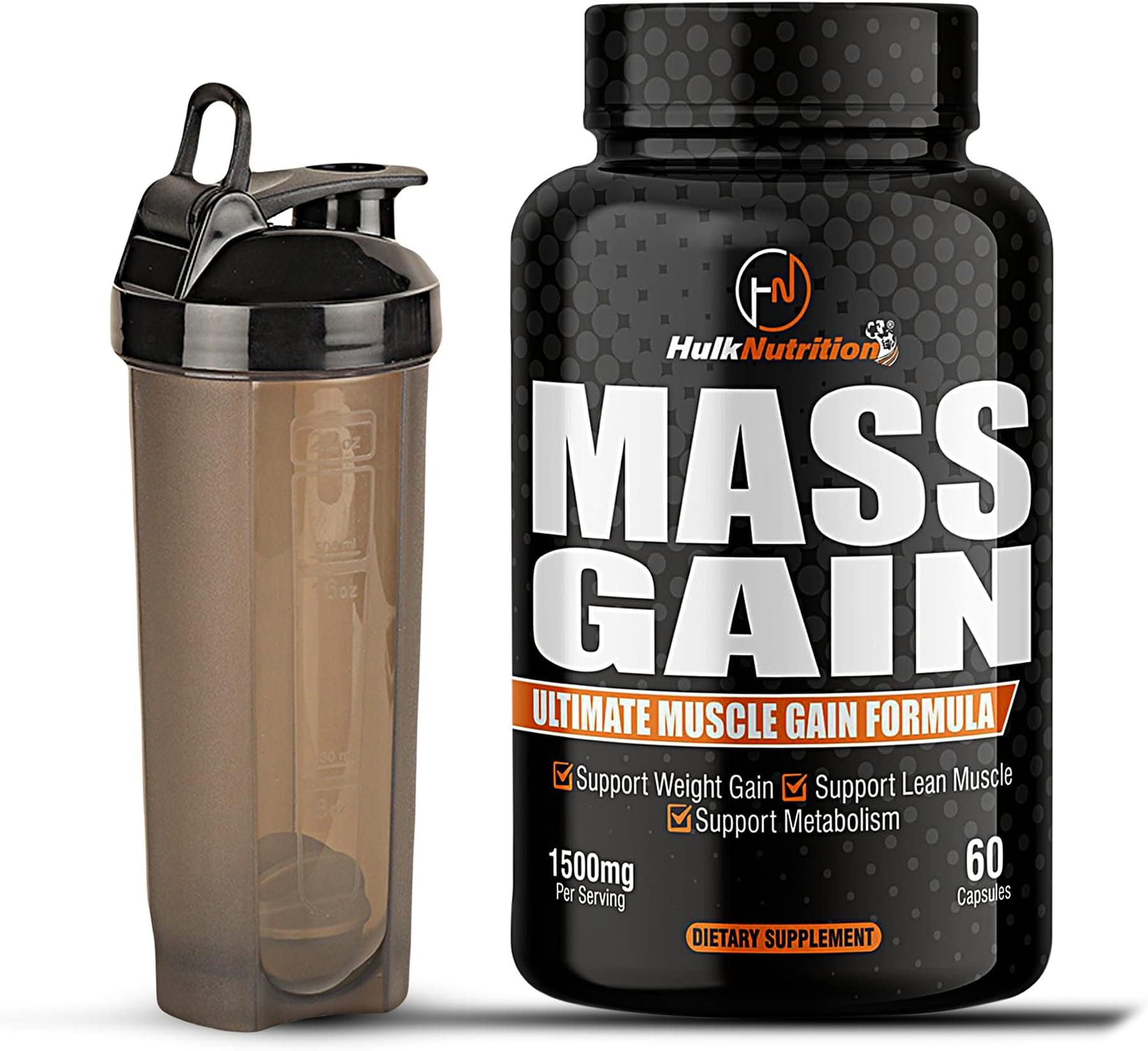 HulkNutrition Bulk Gain Mass & Weight Gainer Capsule for Fast Weight & Muscle Gain, Muscle Building Weight Lifters Supplement for Muscle Growth, Stamina & Strength, Men & Women - 60 Cap. | Free Shaker