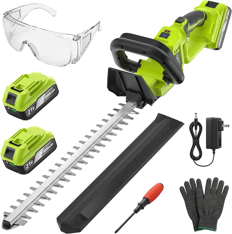Cortasetos inalámbrico sin escobillas de 20 pulgadas con batería de 2 × 3,0 Ah, cortasetos eléctrico de 21 V con pantalla, control de 2 velocidades, mango giratorio de 180°, interruptor de seguridad doble para el cuidado del jardín