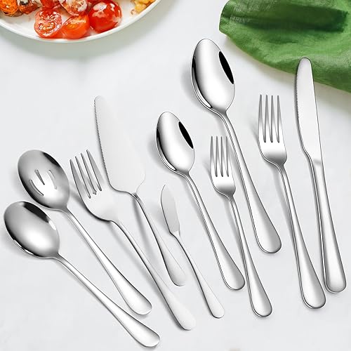 Miniatura 7 de Juego de cubiertos finos de 45 piezas para 8, de acero inoxidable, resistente, con utensilios para servir, utensilios de comida pesados, cubiertos