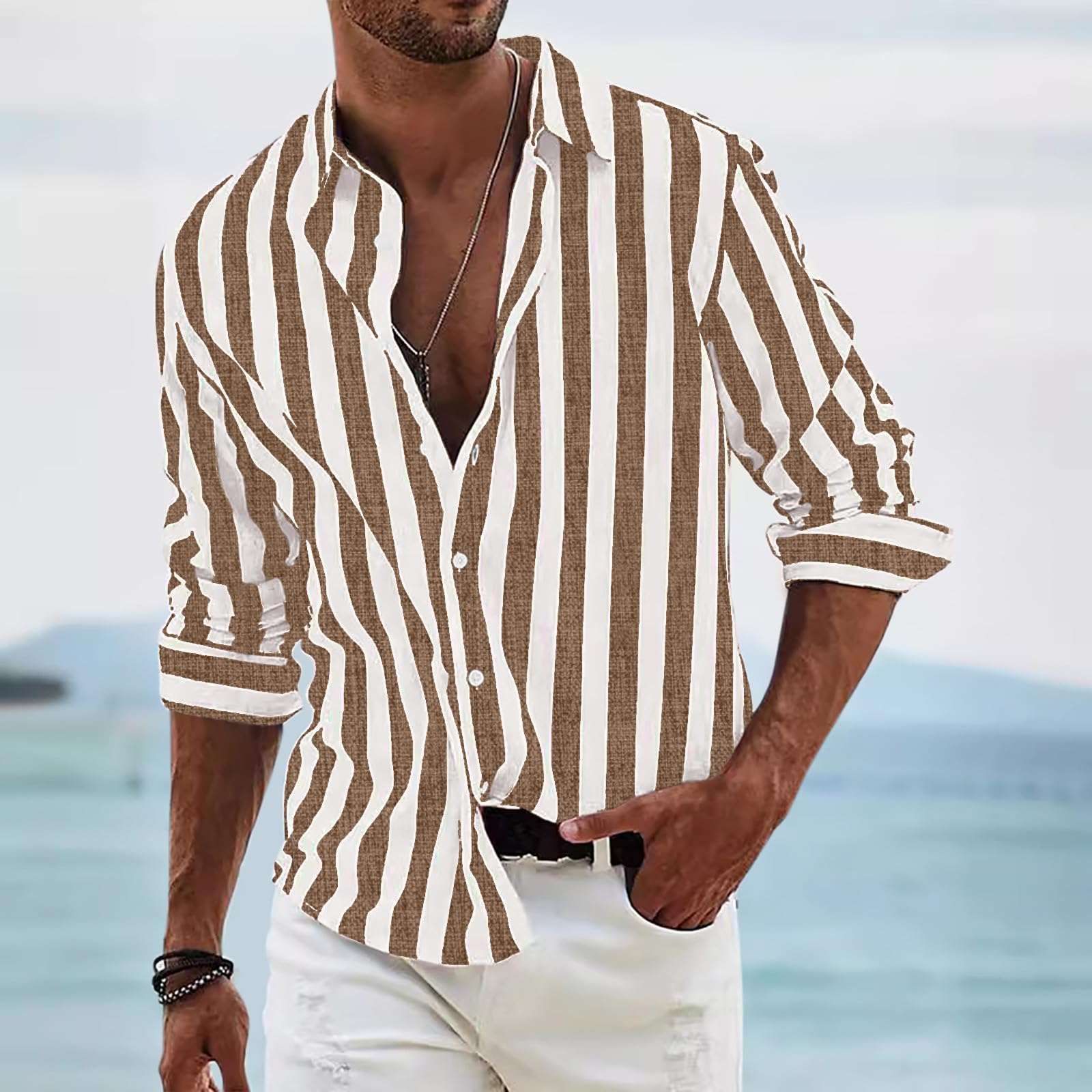 Camiseta de manga larga para hombre, algodón y lino, camisa de lino fina, estampado a rayas, cuello de solapa, camisa de playa, con botones, camisa hawaiana, camisa de punto moderna para hombres