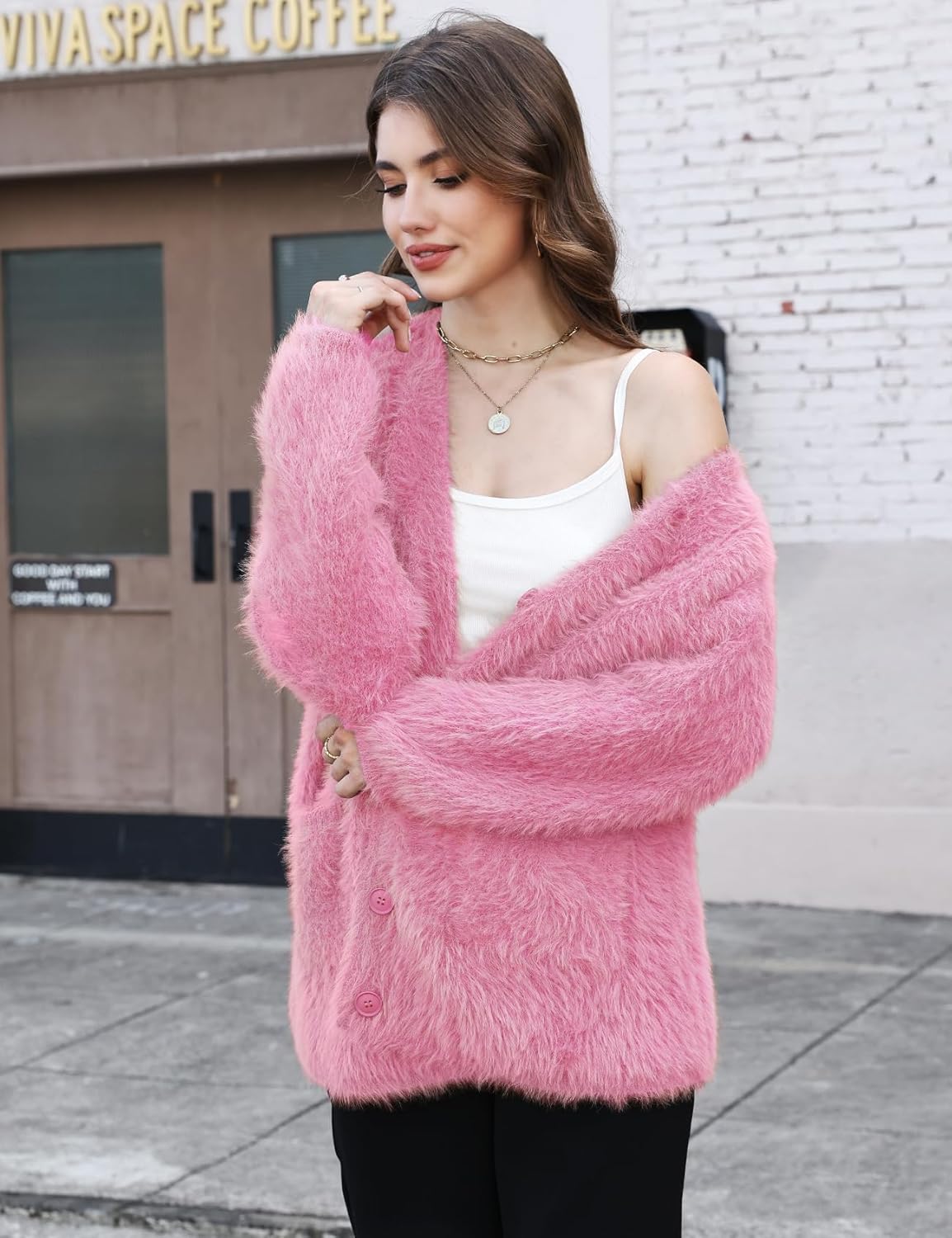 Gihuo Women' s Fuzzy Cardigan Sweaters V Neck Fluffy Cardigan Long Sleeve Button Down Knit Furry Sweater with Pockets - Image 5
