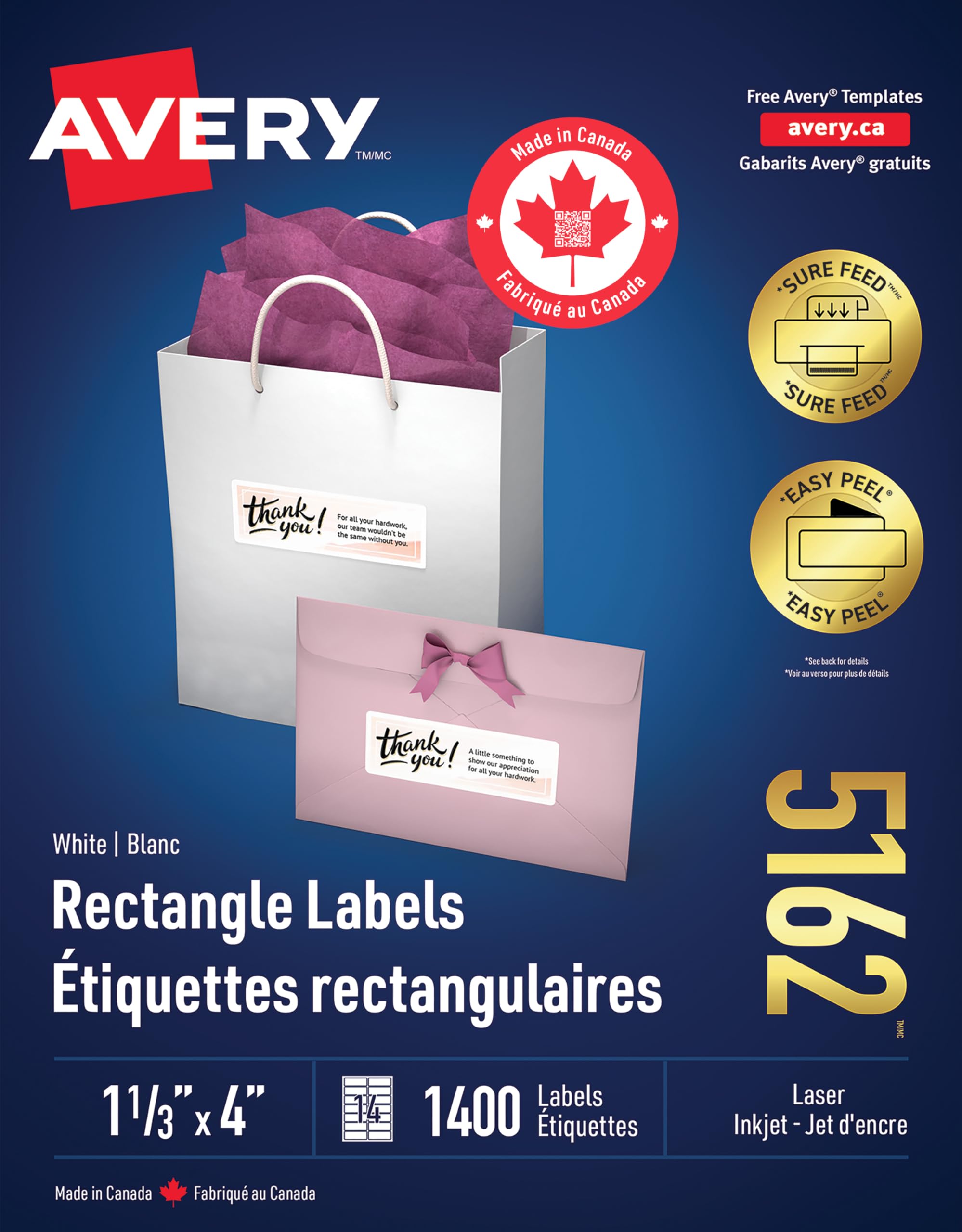 Avery White Rectangle Label with Surefeed Technology and Easy Peel, 1-3/4" x 4", for Laser/Inkjet Printers, Permanent Adhesive, Matte White Paper, 1400 Labels (5162), Made in Canad image 4