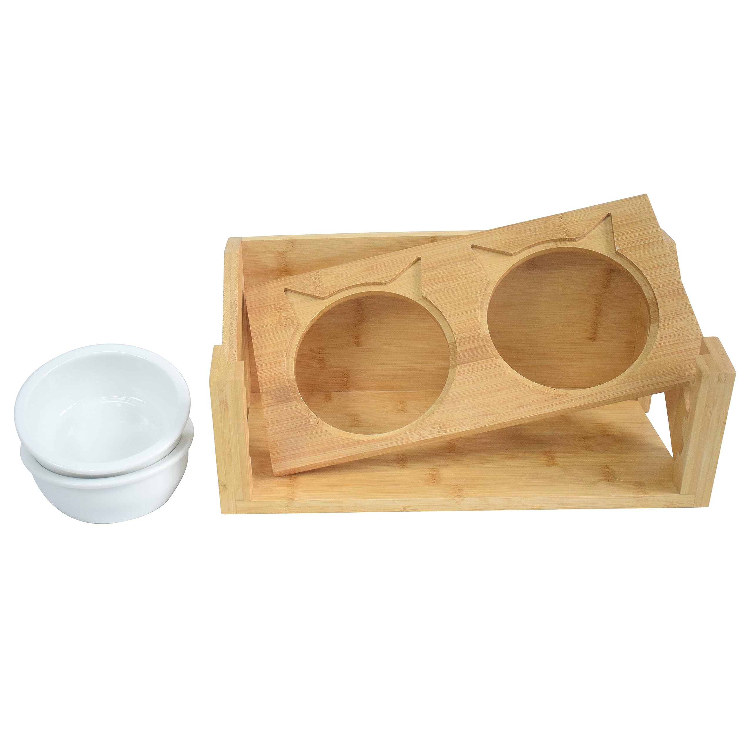 Cuenco para gatos y perros pequeños | Altura regulable | 350 ml | Comedero | Cerámica | con 2 + 2 cuencos | 4 cuencos | Juego de cuencos para gatos | Soporte de madera de bambú