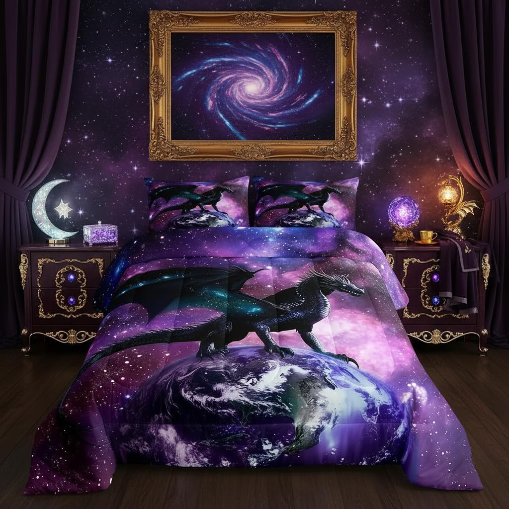 Erosebridal Dragon Bedding Set Purple Nebula Comforter Set King Size Mysterious Outer Space Duvet Set Trippy Bedding Set for Kids Boys Girls Teens Room Decor, Safari Wildlife Animals Quilt Set