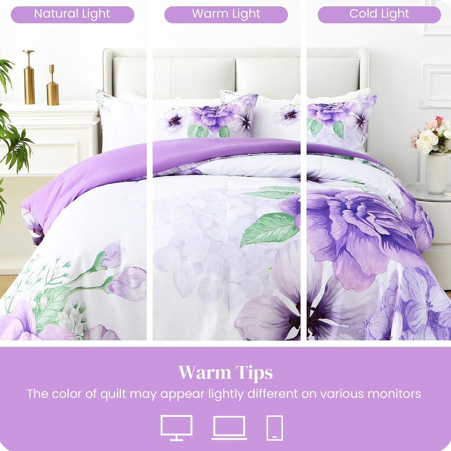Floral Comforter Set Queen Size, 3 Pieces Elegant Purple Floral Bed in a Bag, Soft Microfiber Botanical Flower Bedding Set with 2 Pillowcases for All Season 90"×90" - Image 6