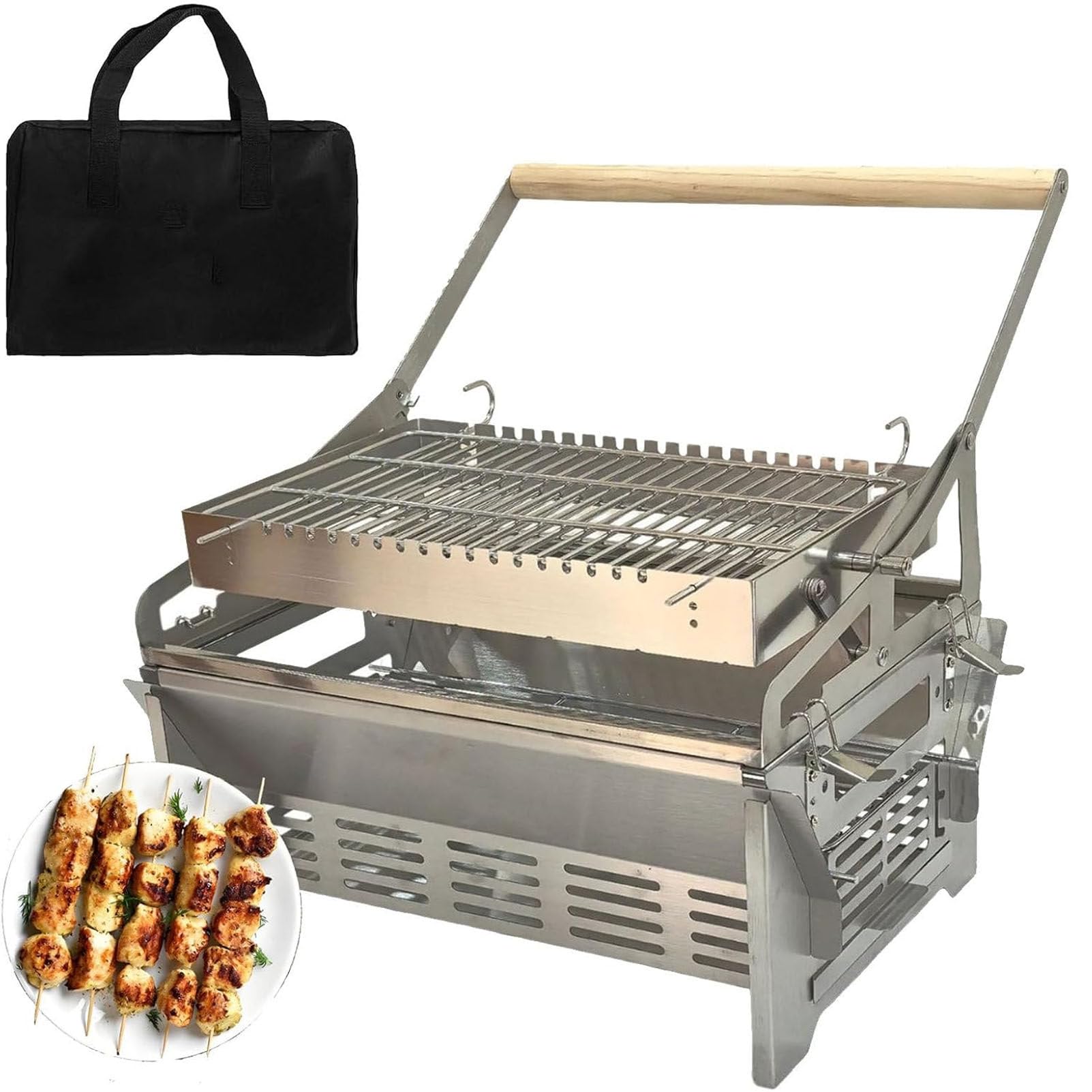 PioMue Charcoal Grill, Outdoor BBQ with 360° Rotating Function,Portable Detachable Stainless Steel BBQ Grill for Camping, Garden, Picnic, Party