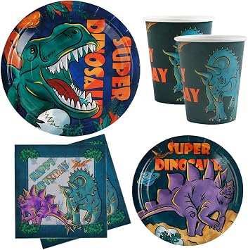 Dinosaur Birthday Party Tableware Set For Boys - 20 Guests- Dinosaur Birthday Party Supplies Kit, Includes Dino Party Plates, Napkins, Cups