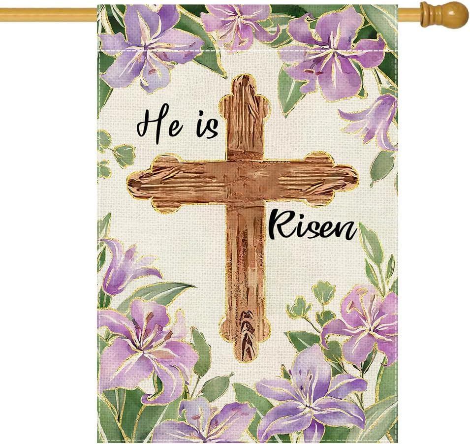 He Is Risen House Flag 28 x 40 Inch Happy Easter Cross Religious Decorative Double Sided Burlap Flag for Spring Farmhouse Yard Outdoor Holiday Decoration