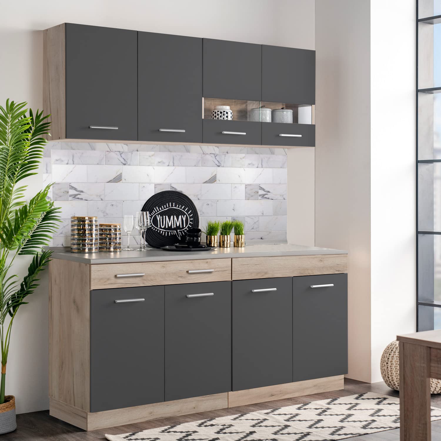 Homestyle4u Küchenzeile 160 cm ohne Geräte - Grau Eiche | Küchenblock mit Hängeschränken & Glasfronten, Singleküche, Miniküche, Einbauküche erweiterbar