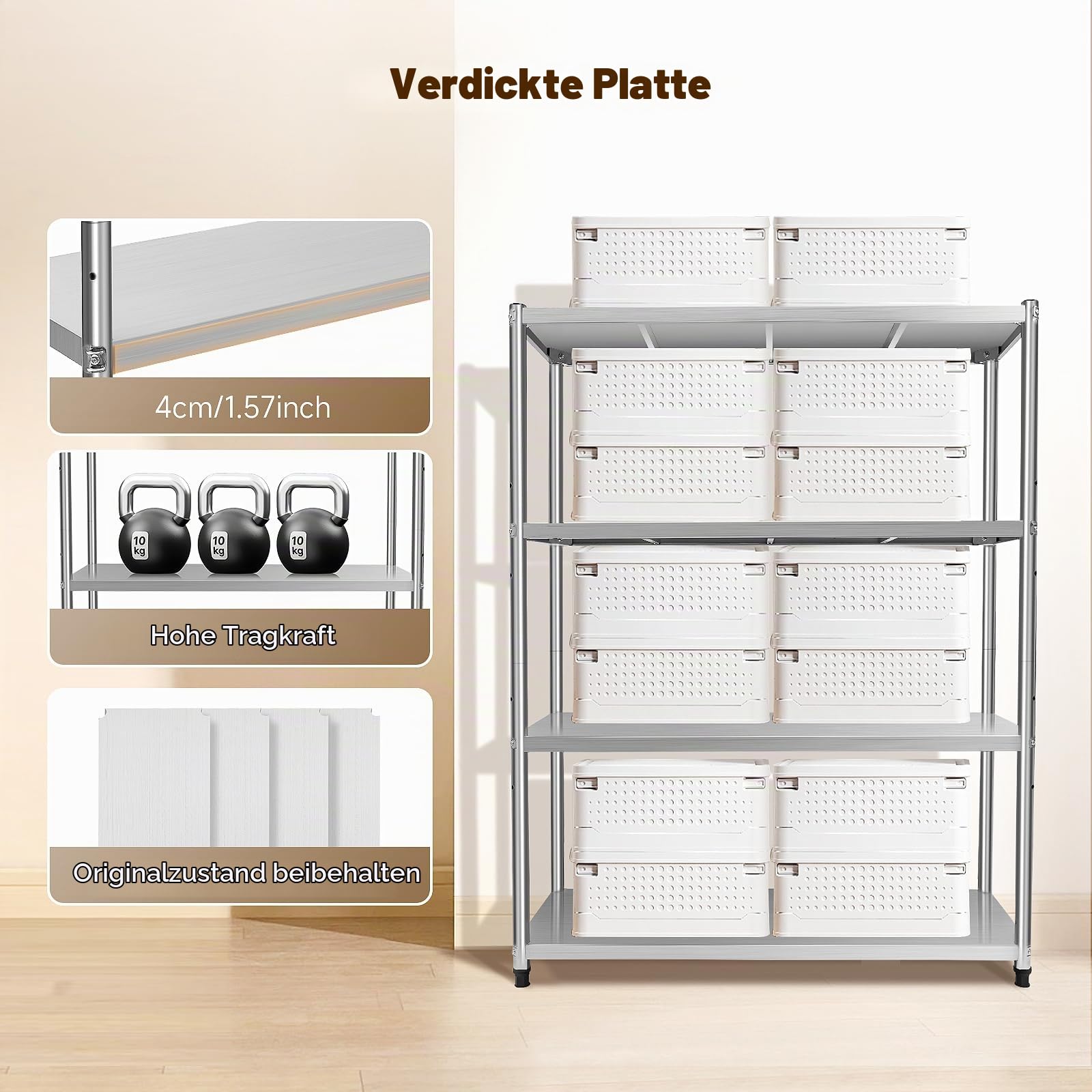 120x40x150cm 4 Böden Edelstahl Regal, 201 Edelstahl Küchenregal Mikrowellenhalter Schwerlastregal, Edelstahlregal Standregal für Vorratsräumen, Gastronomien, Küchen, Großküchen und Vieles