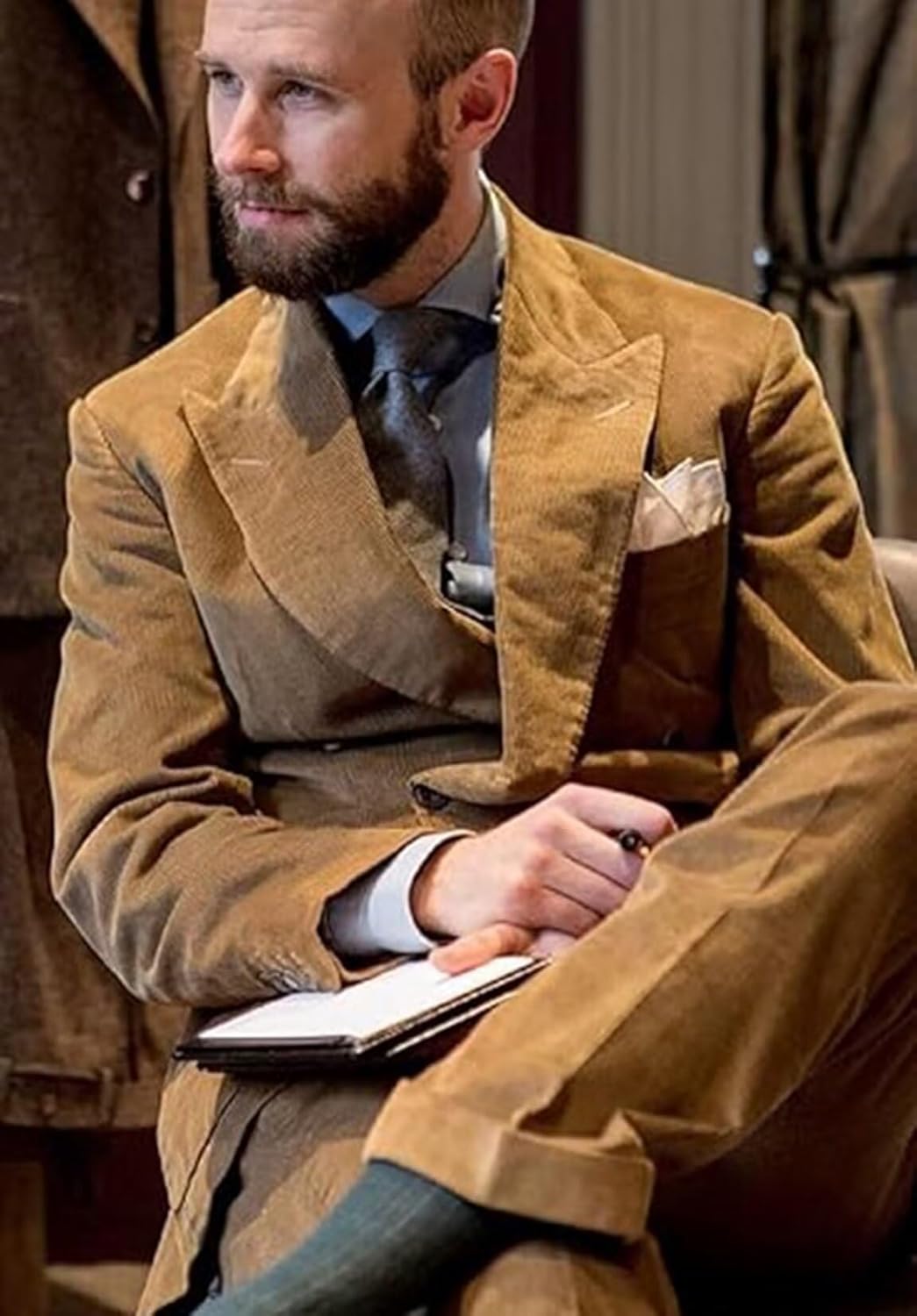 Bakerbear Men Suits 2 Piece Corduroy Peaked Lapel Slim Fit Business Formal Tuxedos Suit for Wedding Prom Jacket Pants Set - Image 8