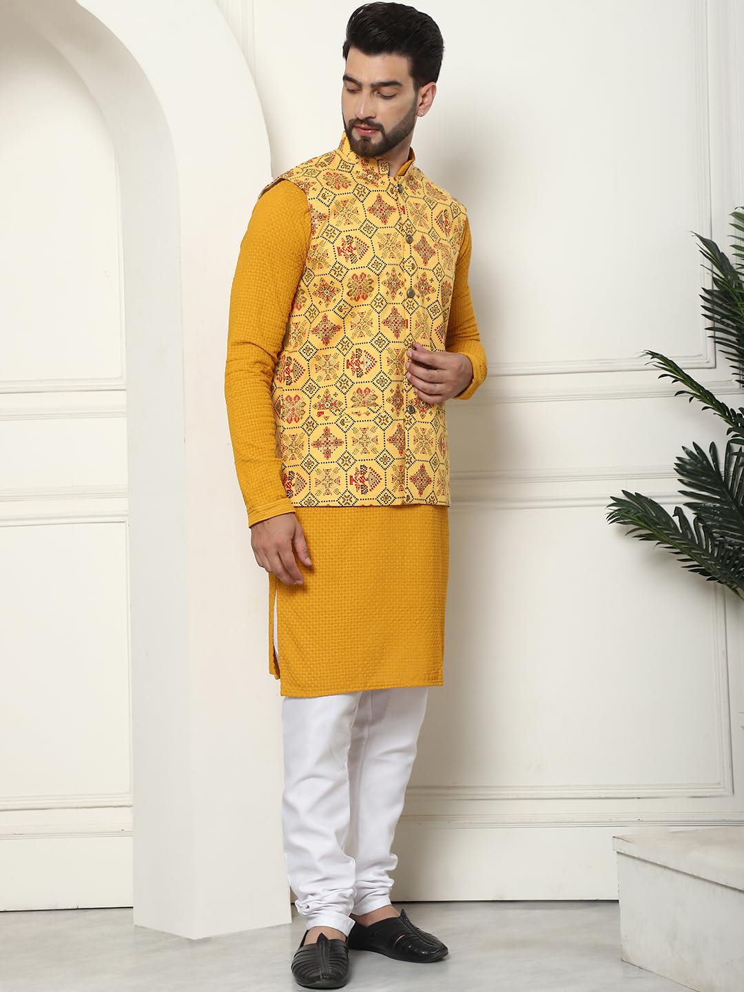 Sojanya (Since 1958 Men's Pure Cotton Mustard Kurta And White Pyjama With Printed Mustard Nehru Jacket