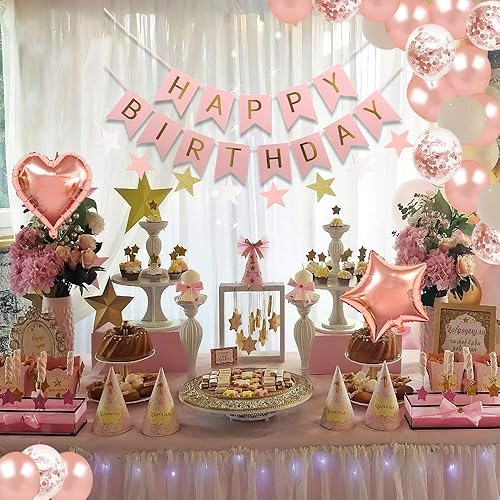 Miniatura 5 de Decoraciones de fiesta de cumpleaños de oro rosa pancarta de feliz cumpleaños confeti de oro rosa y globos blancos globo de aluminio borlas cortinas