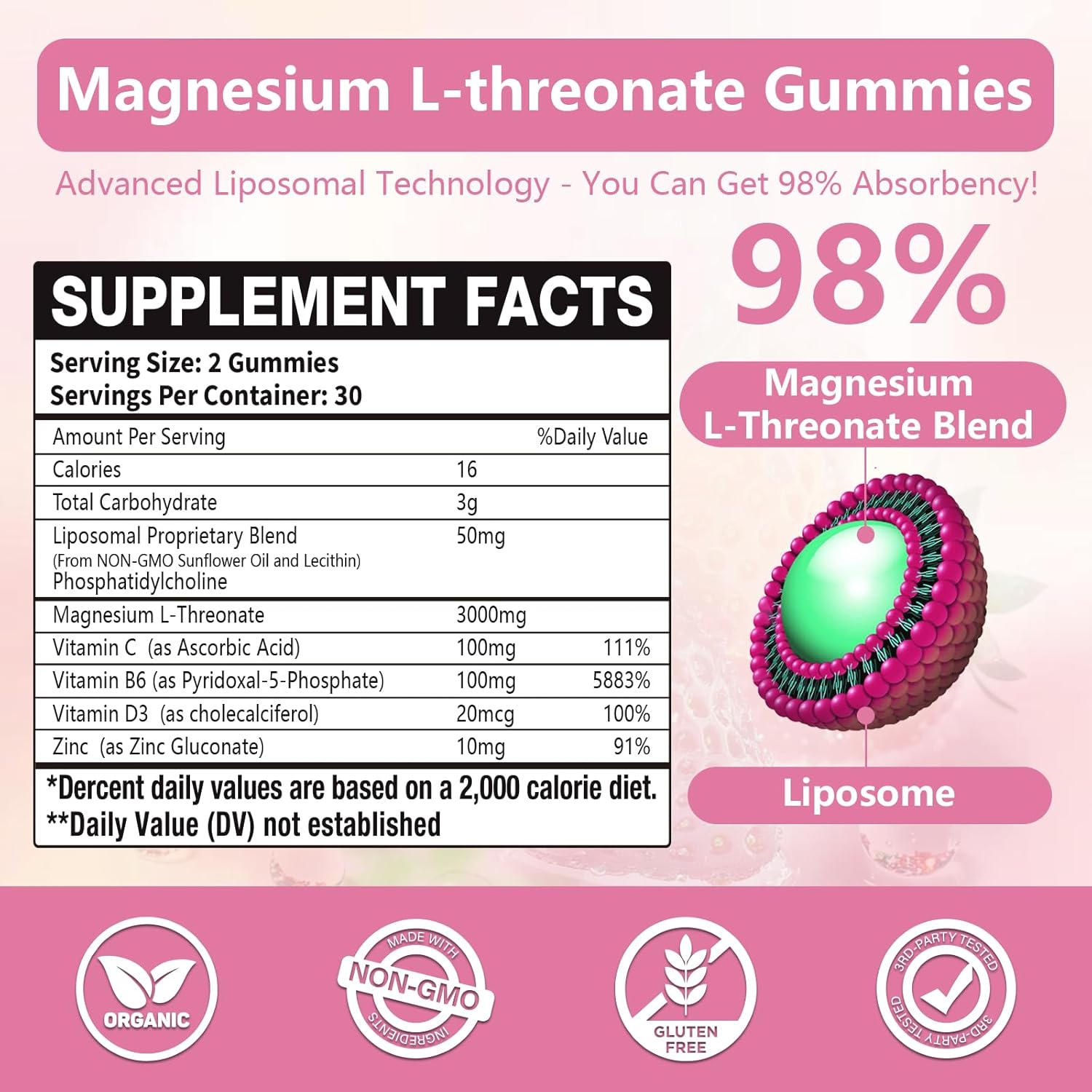 3000mg Liposomal Magnesium Threonate Gummies, Magnesium Glycinate Supplements, Liposomal Enhance 98% Absorption, Intestinal Tolerance, Muscle & Nervous System Support for Adults - Image 2