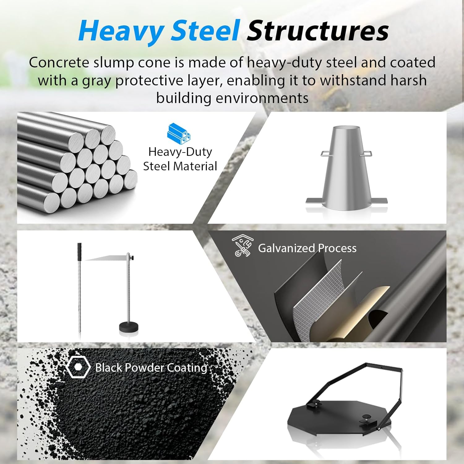Concrete Slump Cone Test Kit, Heavy-Duty Steel Slump Cone 12''L x 8''W Standard Size, Includes Tamping Rod, Ruler And Hexagonal Base Plate for Accurate Concrete Workability Testing