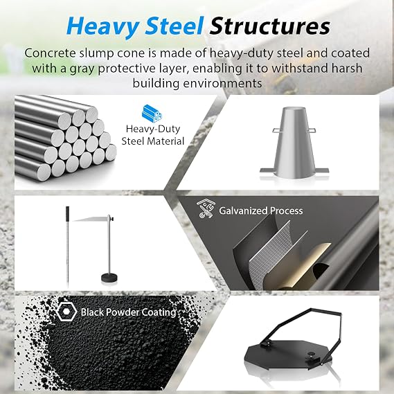Concrete Slump Cone Test Kit, Heavy-Duty Steel Slump Cone | 12''L x 8''W Standard Size, Includes Tamping Rod, Ruler And Hexagonal Base Plate for Accurate Concrete Workability Testing