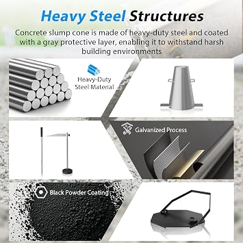 Concrete Slump Cone Test Kit, Heavy-Duty Steel Slump Cone | 12''L x 8''W Standard Size, Includes Tamping Rod, Ruler And Hexagonal Base Plate for Accurate Concrete Workability Testing