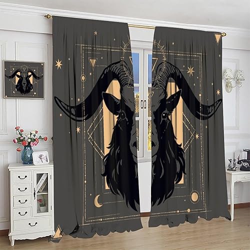 Vista 254 de Cortinas de cabeza de cabra, misteriosa cabeza de cabra malvada, calavera negra, bolsillo para barra, cortinas opacas para ventana, juego de 2
