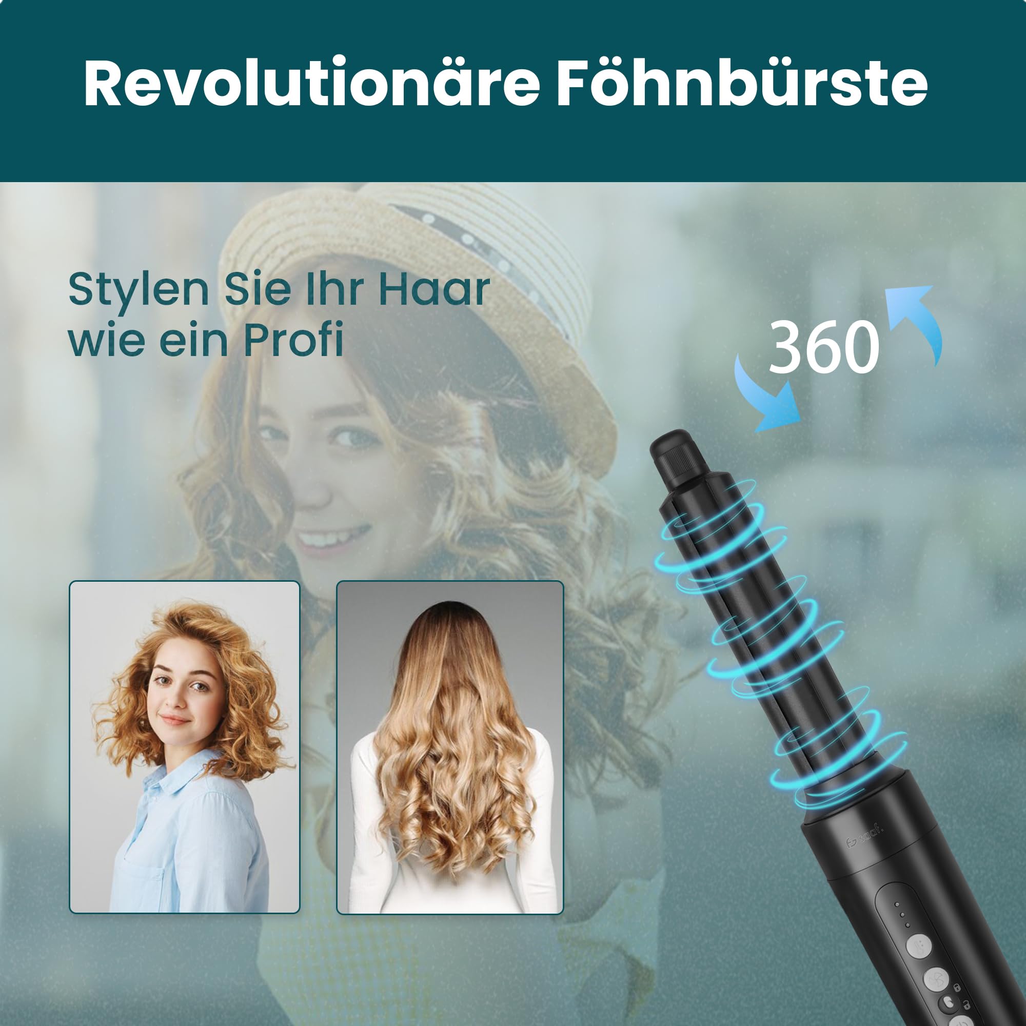 Saaf Föhnbürste 7-in-1 – 8-teiliges Airstyler Set – Föhn, Lockenbürste, Stylingbürste – Multistyler Hairwrap – Für Damen – Geschenkidee – Schwarz – Haar-Tool