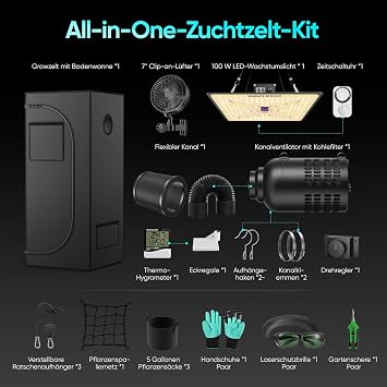 Grow Tent Complete Set with M1000 LED Full Spectrum Grow Lamp 60 x 60 x 140 cm Grow Tent 4 Inch 215 CFM 3000 RPM Quiet and Efficient Ventilation Kit 4-Speed Fan Hydroponics Indoor Growing