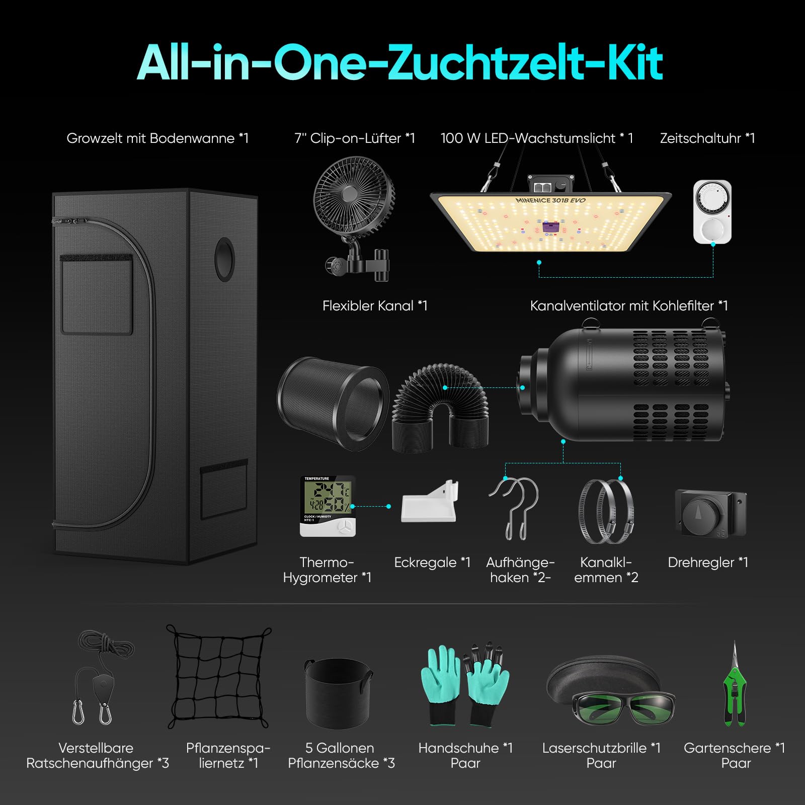 Growzelt Komplettset mit M1000 LED Vollspektrum Grow Lampe 60x60x140cm Grow Tent 4" 215 CFM 3000RPM Ruhiges und Effizientes Belüftungssatz, 4-Gang-Lüfter, Hydroponics Indoor Growing Tent Set