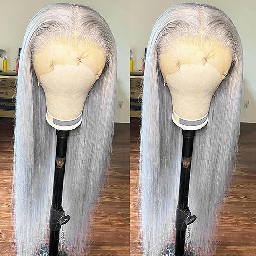 ANDRIA 13X4 HD Lace Front Wigs Straight Hair Glueless Lace Wigs Synthetic Long Silk Straight Natural Wig 200% Density Grey Wig Pre Plucked Lace Frontal Wigs With Baby Hair For Black Women 26 Inches