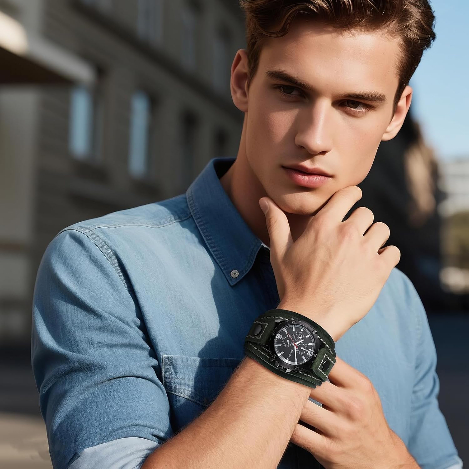 OIDEA Mens Steampunk Leather Cuff Watches: Vintage Hiphop Big Face Round Dial Wide Band Analog Quartz Wrsit Watches Casual Military Sport Watch