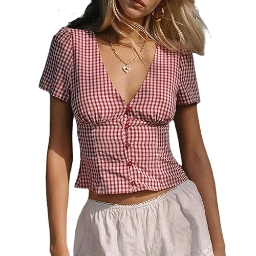 Women Y2k Coquette Button Down Shirt Cute Button Up Cap Sleeve V Neck Preppy Slim Fit Summer 90s Crop Top Blouse - Rose Bloom - Medium