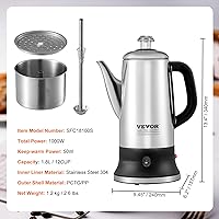 Vista 7 de VEVOR Cafetera Eléctrica de 12 Tazas con Percolador, Cafetera de Acero Inoxidable 304 con Función de Mantenimiento en Calor y Mango Resistente al