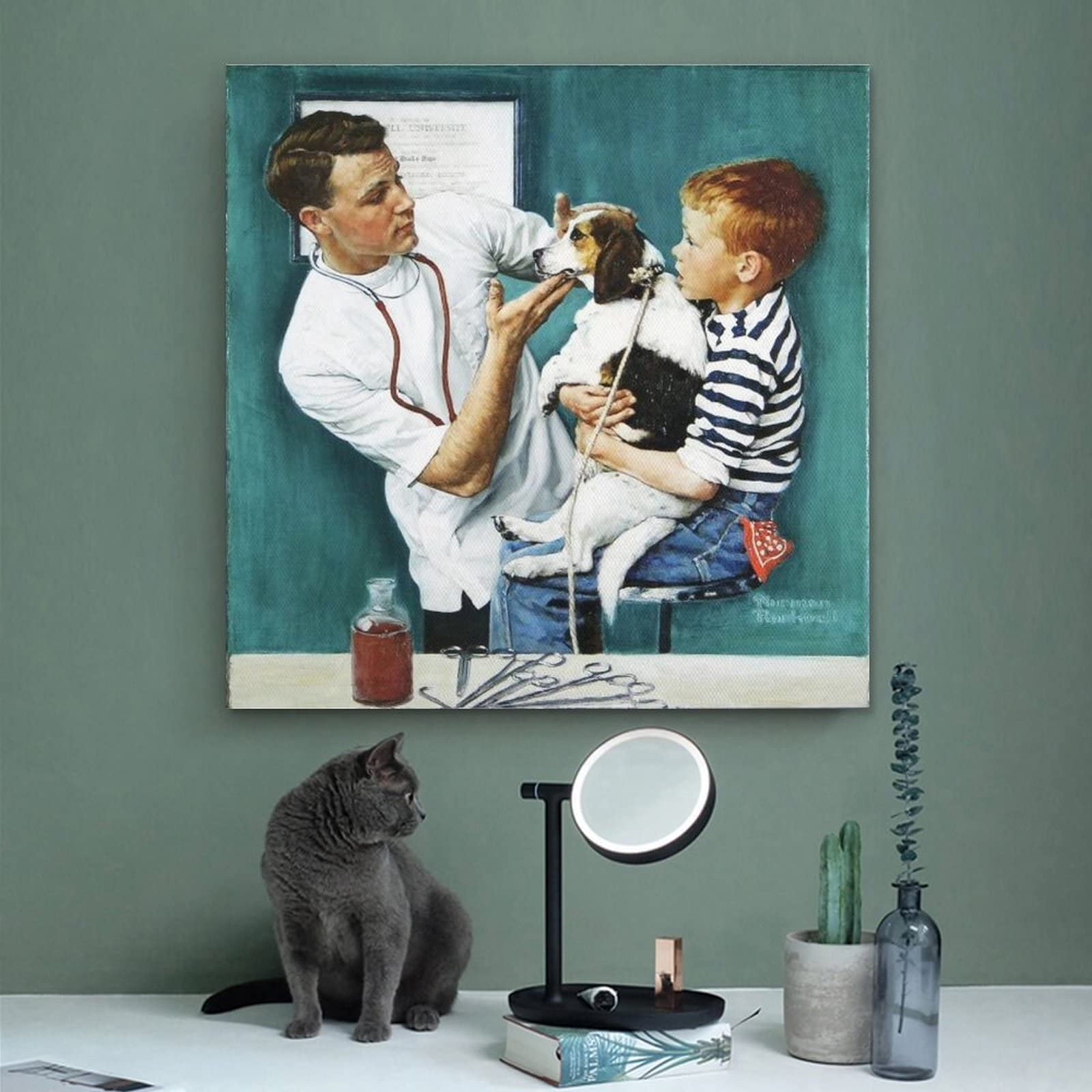80s ビンテージ ポスター 額装 ノーマンロックウェル 動物病院の待合室