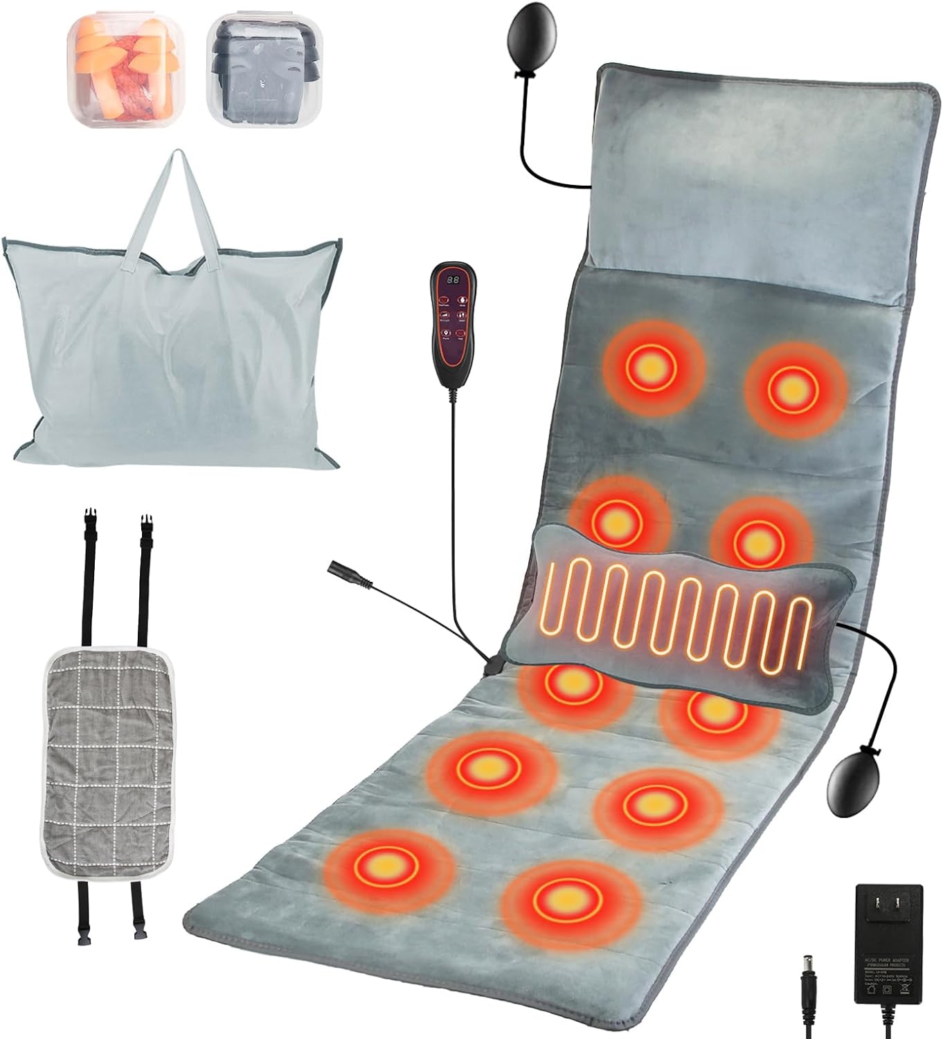 KOCASO Full Body Massage Mat with Heat Electric Vibration Massage Pad Back Massager Inflatable Head Pillow for Chair 10 Motors 9 Modes 3 Heat Levels Lumbar Pillow for Gift/Type 5 with 2 Earplugs