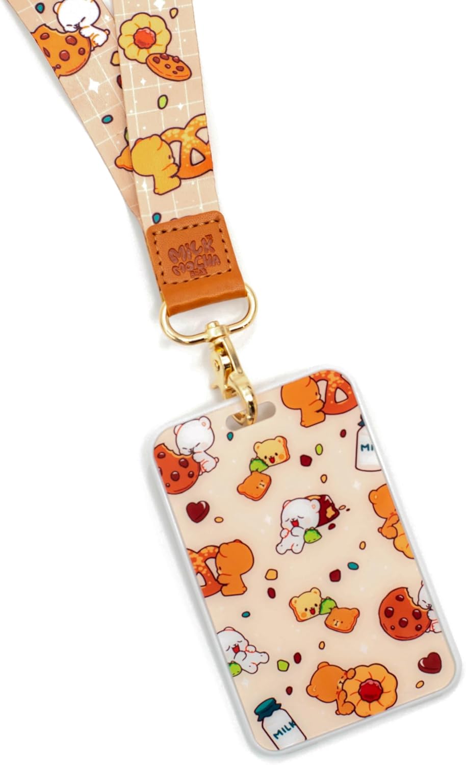 Brown Cookie Badge Holder and Lanyard Authentic Milkmochabear Merchandise Matching with Detachable Gold Clasp PU Leather Accent for Card ID Neck Strap Cute