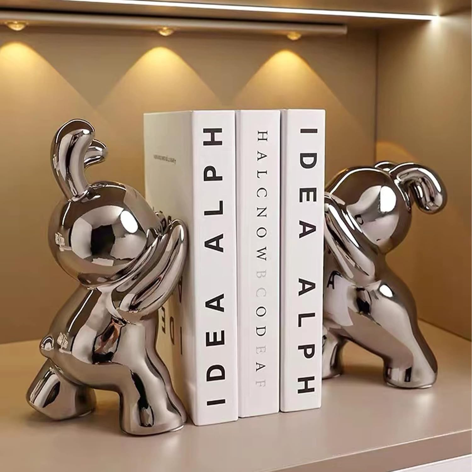 Linxia 2 Pcs Bunny Book Ends for Shelves Ceramic Animal Figurine Stands Organizer Heavy Duty to Hold Books/Movies/CDs/Video Games Silver-Plated Rabbit Home Decor