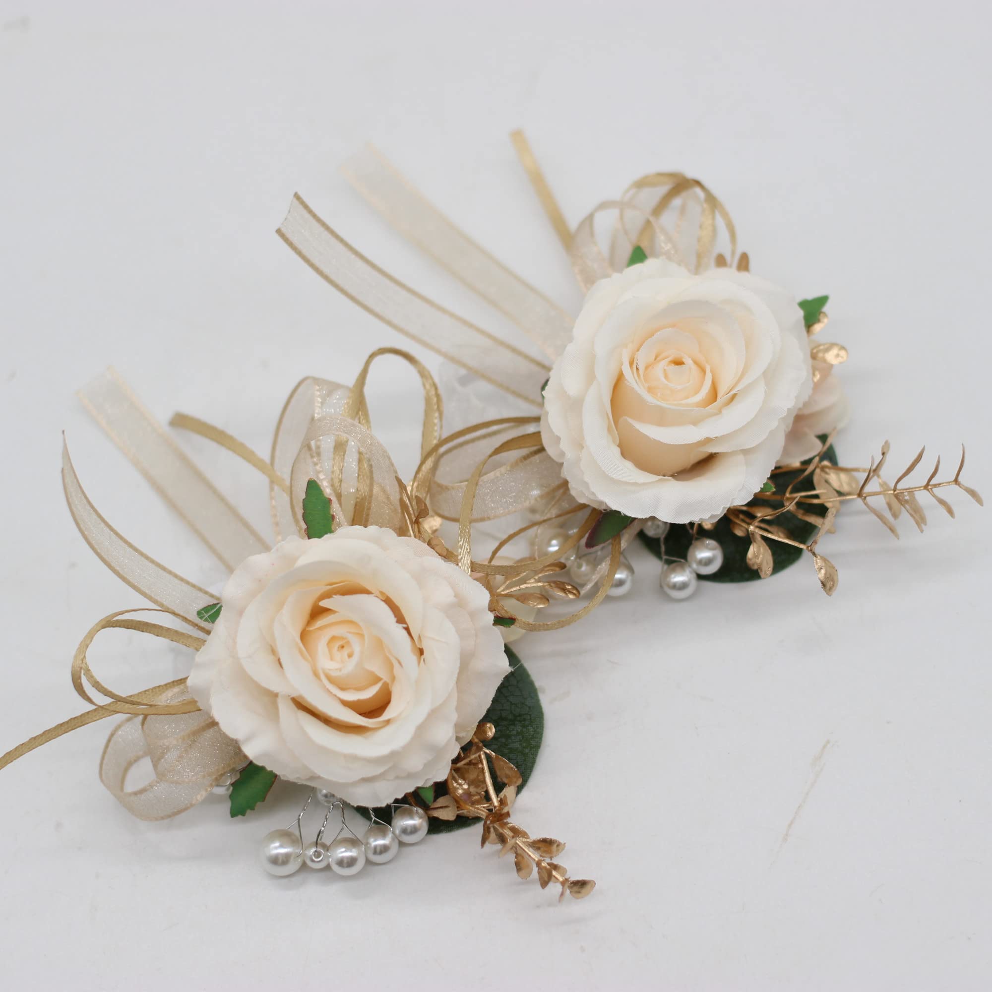 Yokoke 2 Corsages, Handmade Artificial Peony Rose Wrist Corsage Wristlet Wedding Prom Suit Decorations (2 Gold Wrist Corsage) - Image 4