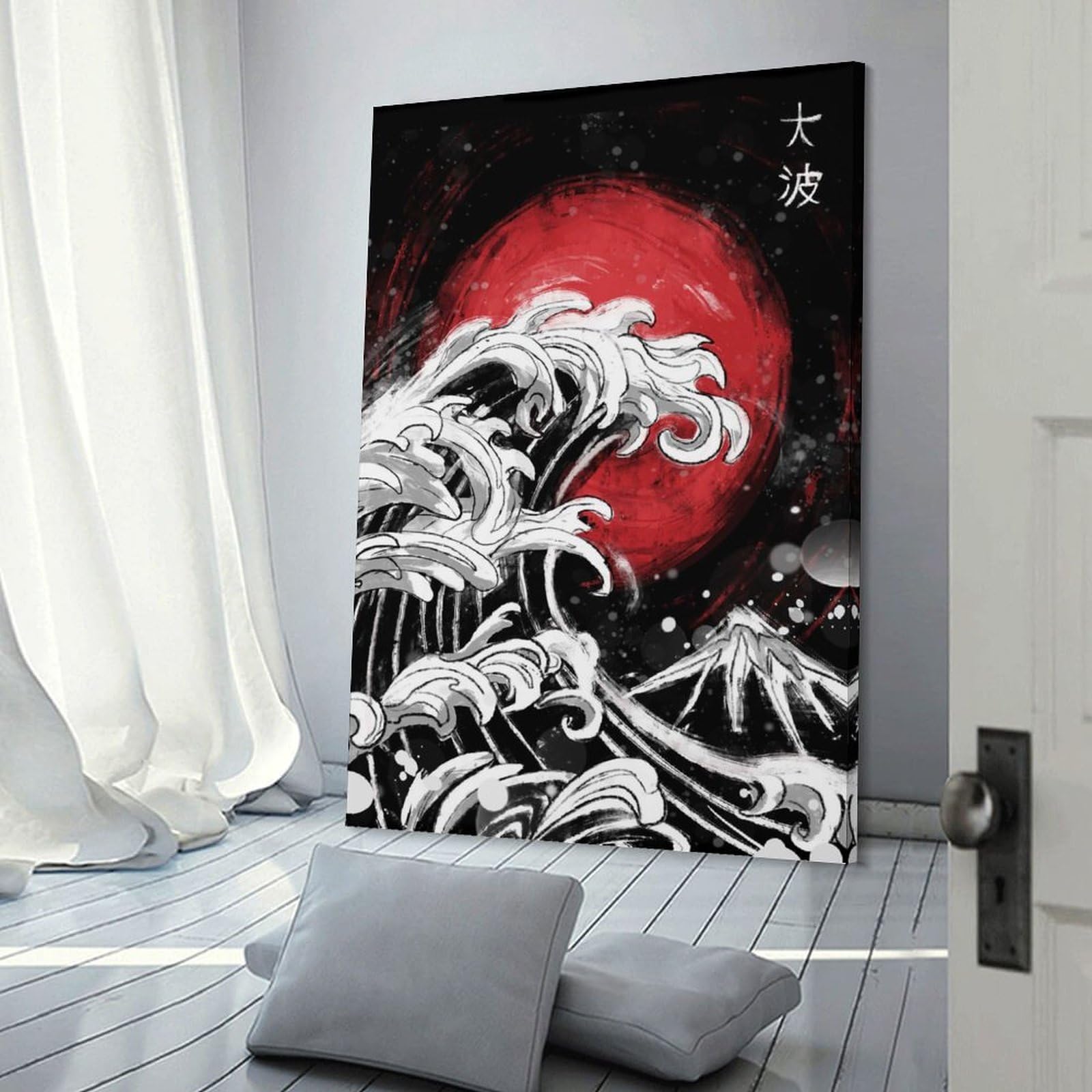 Junmoney Canvas Wall Decor Japanese Wave with Red Sun, 20x30inch(50x75cm), for Bedroom Decor, Cosy Corners Or Studios, Decorative Wall Art for Cosy Rooms