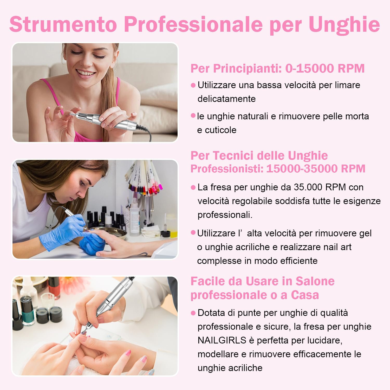 NAILGIRLS 11-in-1 elektrischer Nagelfräser für Maniküre und Pediküre, 35.000 U/min, einstellbare Geschwindigkeit, intelligente LED, tragbare elektrische Nagelfeile (Rosa)