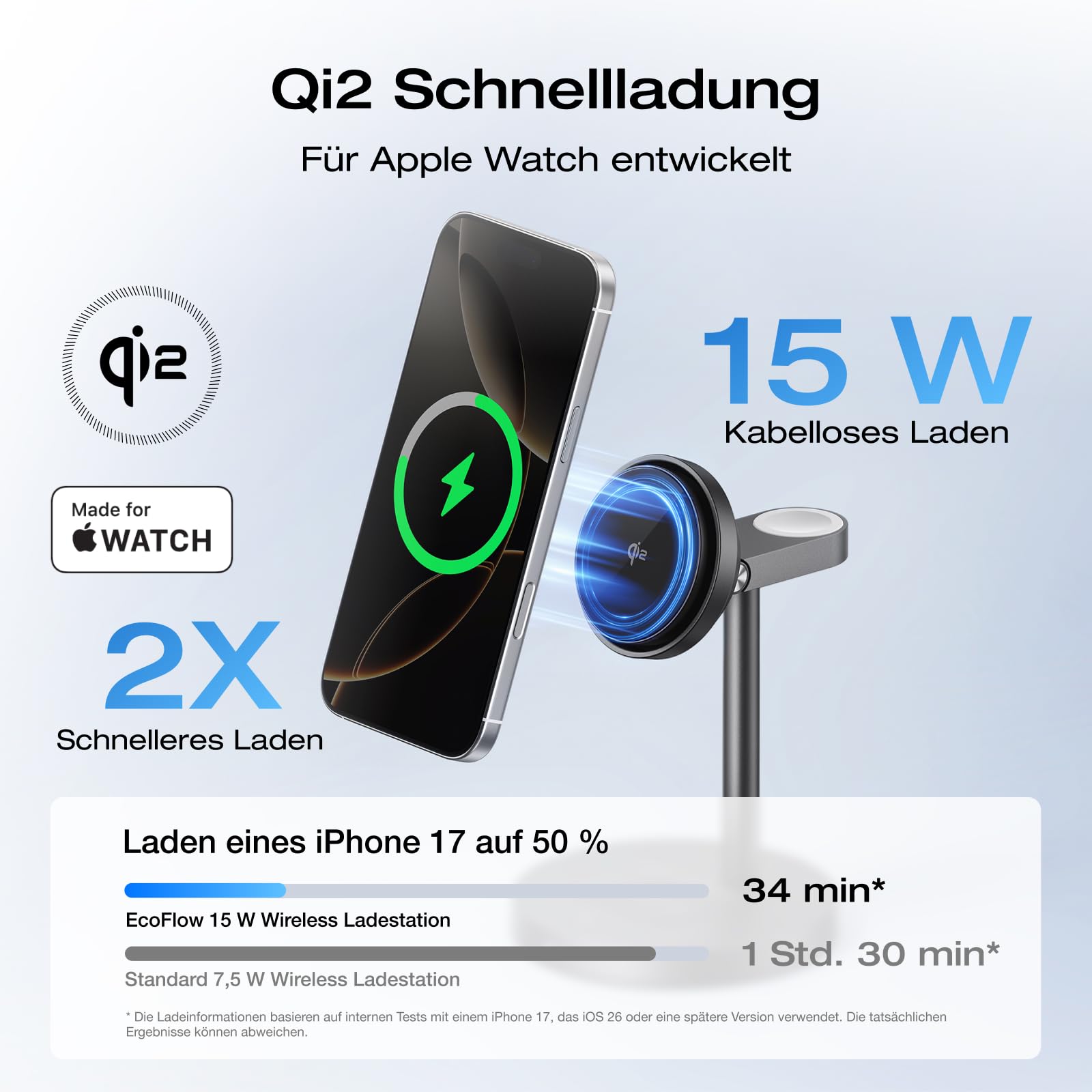 EcoFlow 3 in 1 Qi2 Magsafe Apple Ladestation mit Verstellbarer Ständer, Kabellose iPhone Ladestation Magnetisches Kabelloses Ladegerät 15W für iPhone 17/16/Series, Apple Watch und AirPods, Schwarz