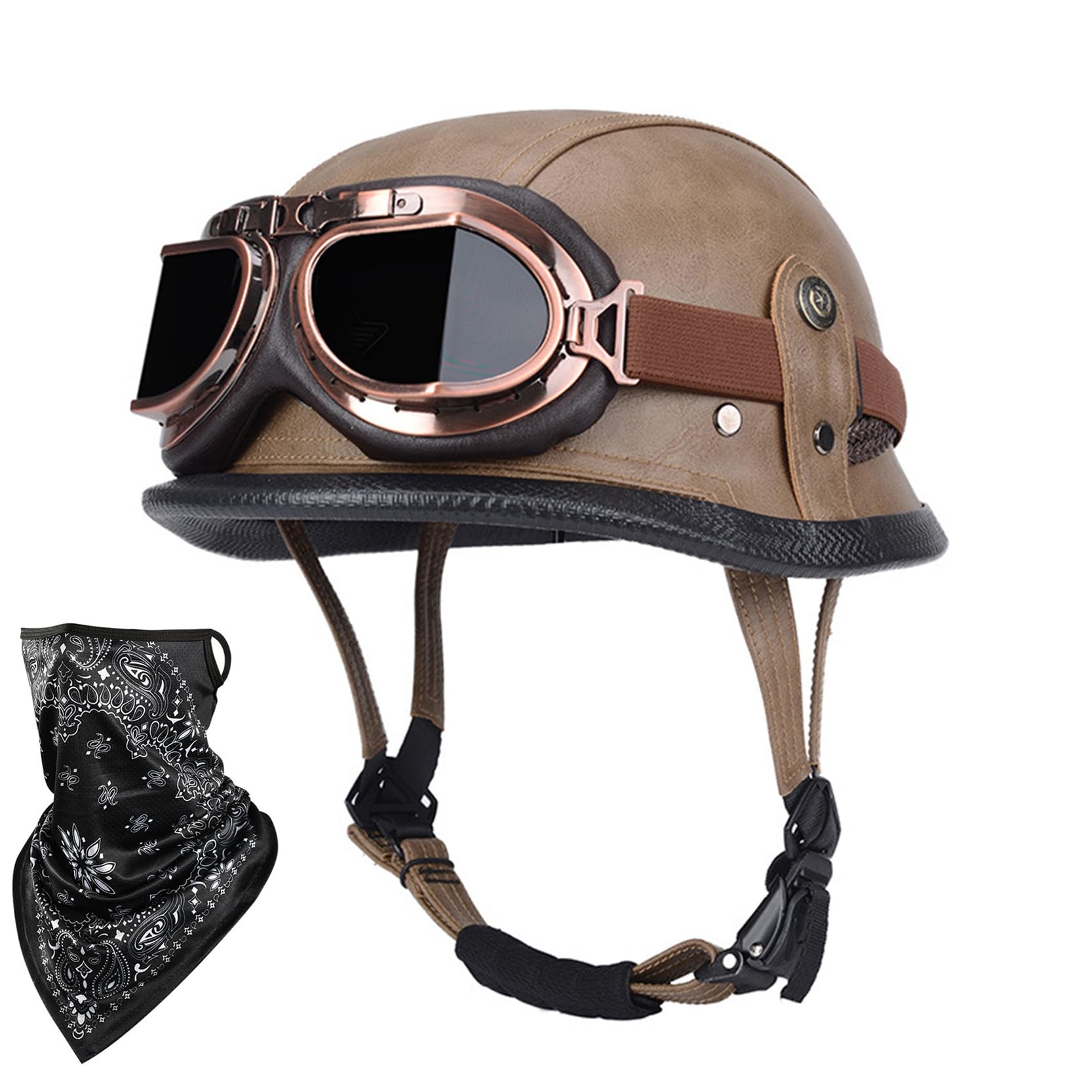 Casco de moto de cuero retro de media cara ajustable con gafas S-M