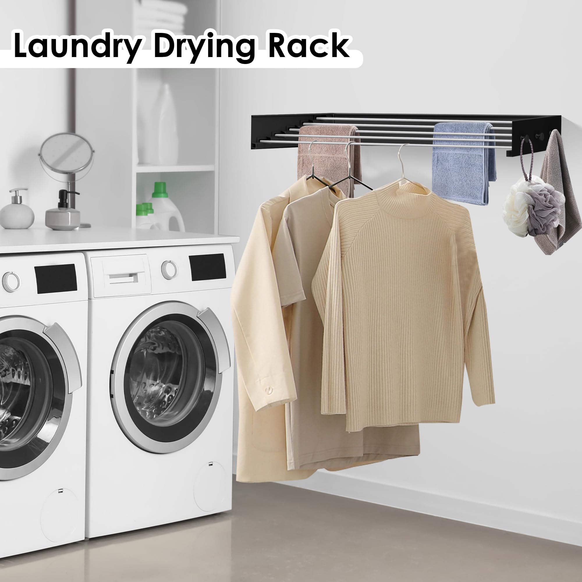 WELTRXE Wall Mounted Clothes Drying Rack, Collapsible Laundry Clothes Airer with 6 Hooks, Foldable Towel Rack - Image 2