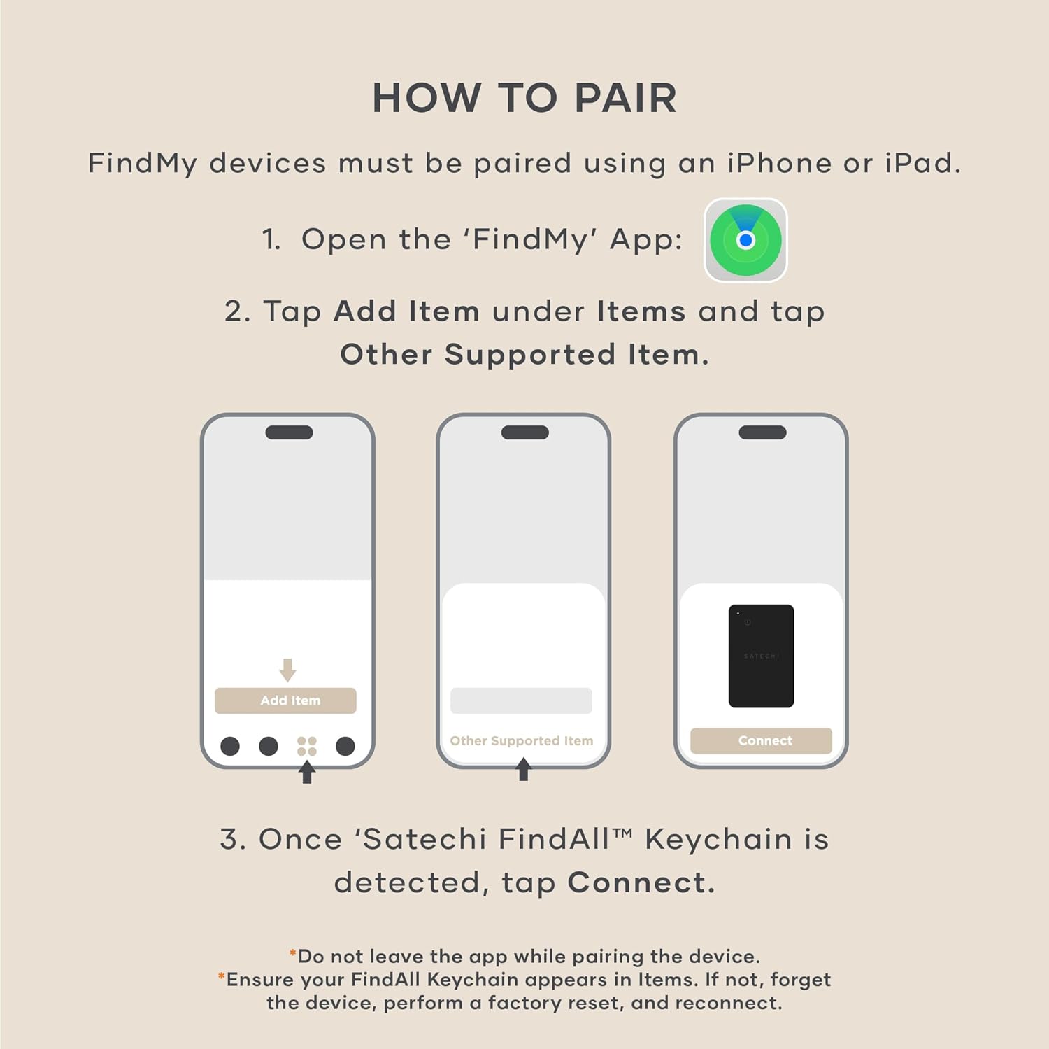 Screenshots showing the pairing process for Satechi FindAll Keychain in the Apple Find My app