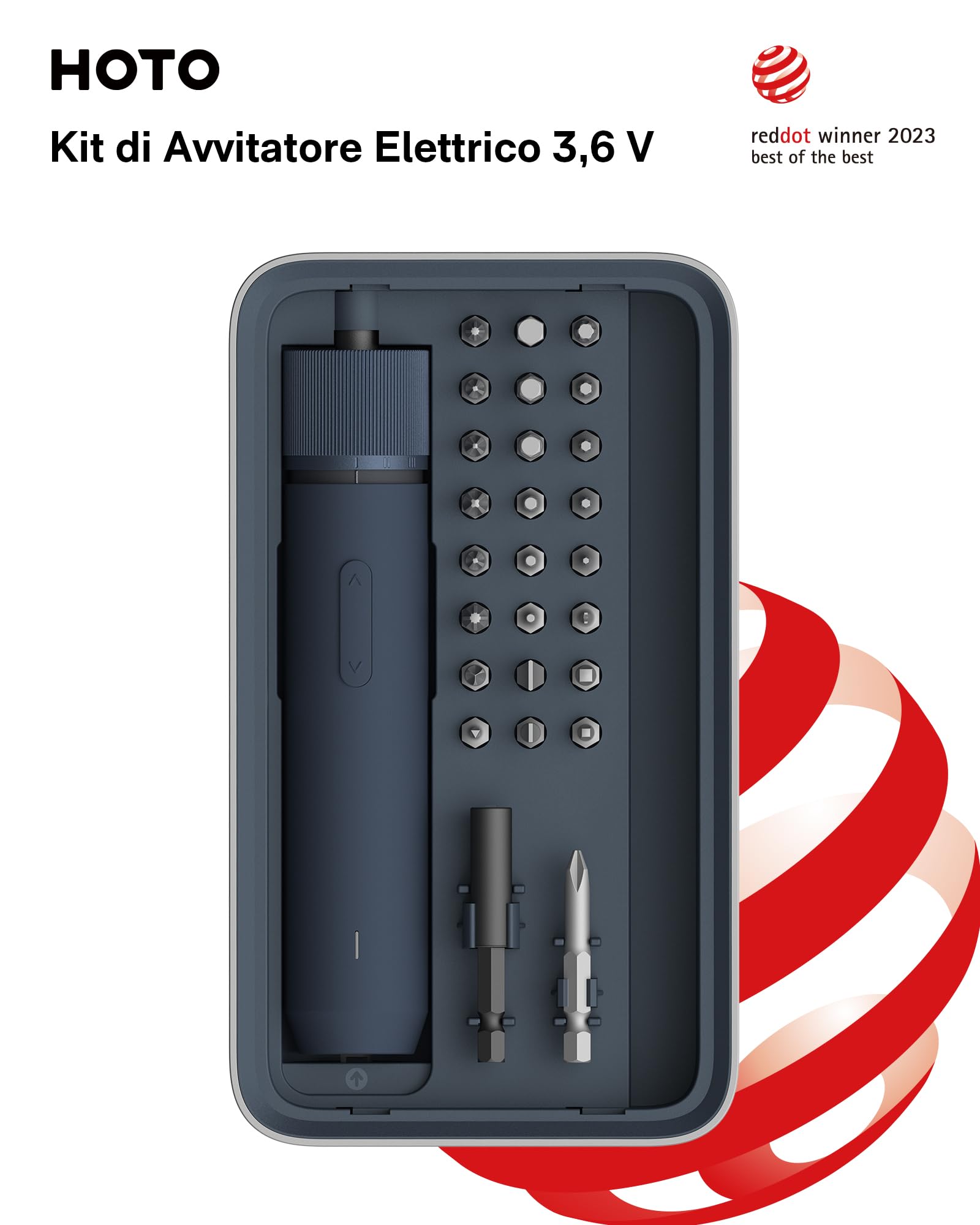 HOTO Kit Cacciavite Elettrico 3,6V, Set Avvitatore Elettrico con 25 Punte S2, 3 Livelli di Coppia, 220 RPM, Batteria 1500mAh, Ricarica USB-C, Luce LED per Riparazioni Domestiche