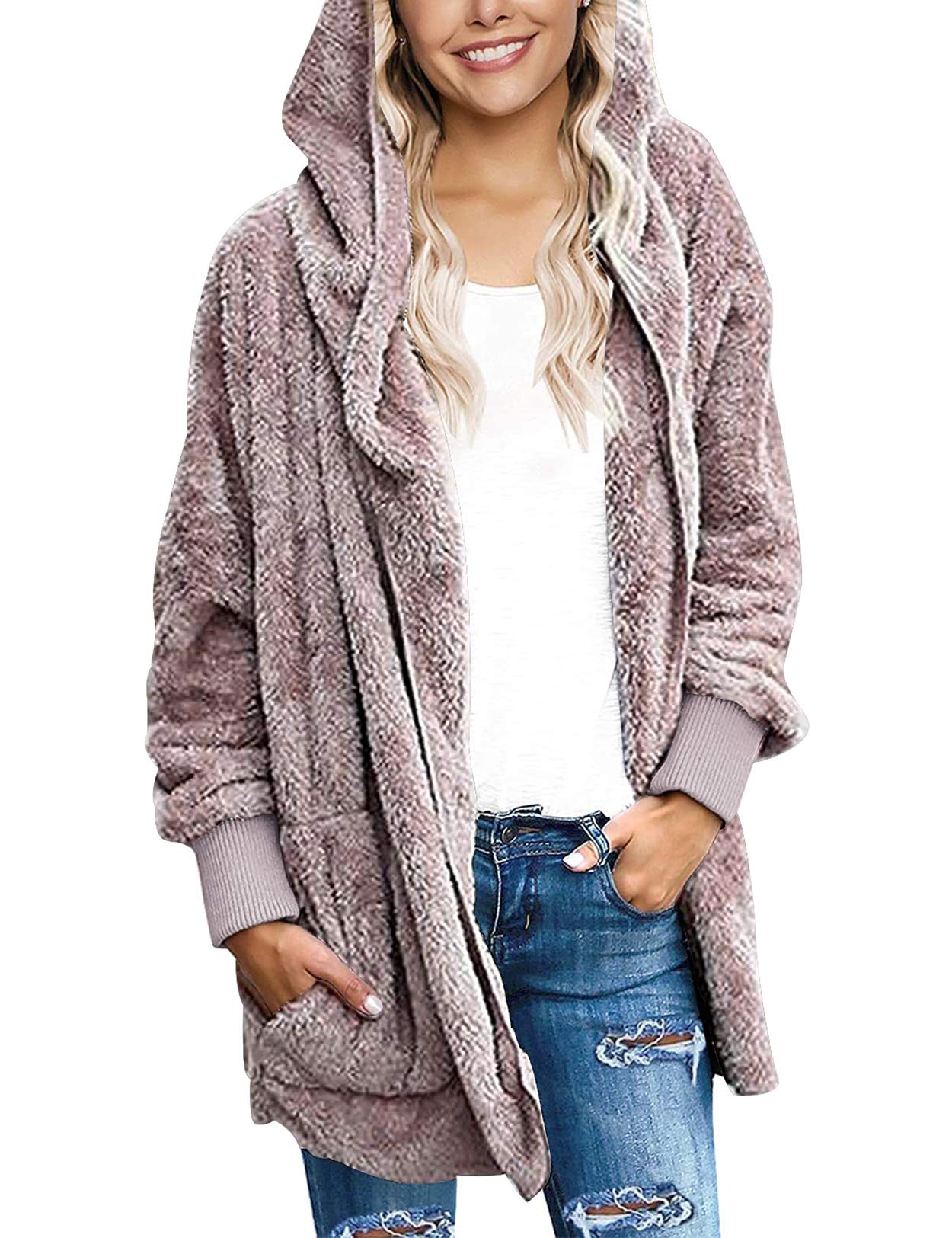 FasumavaWomens Fuzzy Fleece Jacket Solid Open Front Hooded Cardigan Coats Outwear with Pockets
