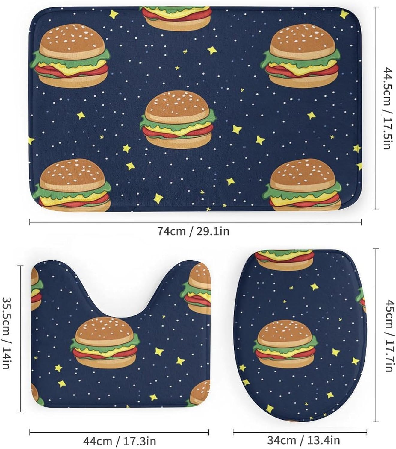 Cosmic Hamburger Bathroom Sets with Shower Curtain and Rugs 4 Piece with U-Shaped Floor Mat Toilet Lid Cover