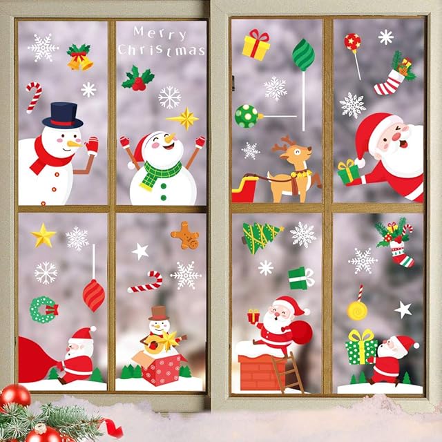 MIHIYIRY 8 Sheets Christmas Window Clings,Xmas Decals Decorations Holiday, Snowflake Santa Claus Reindeer Stickers for Christmas Window Descoration Snowflake Santa Claus Reindeer Stickers