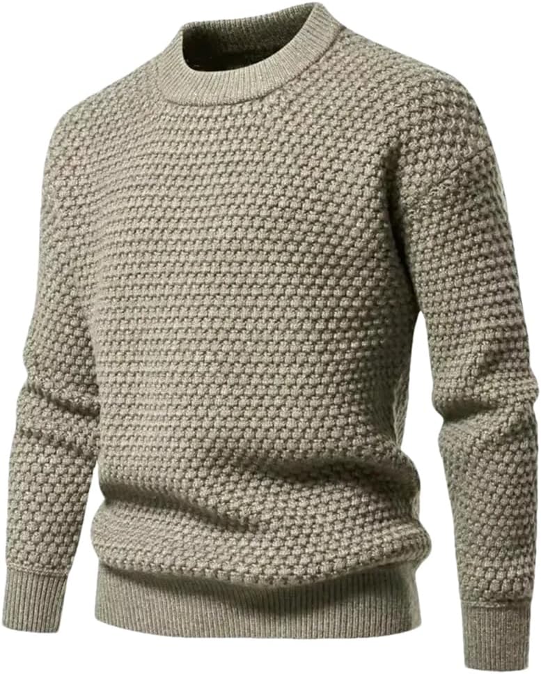 Men's Semi High Neck Solid Color Checkered Sweater Solid Color Casual Loose Thick Pullover Sweater