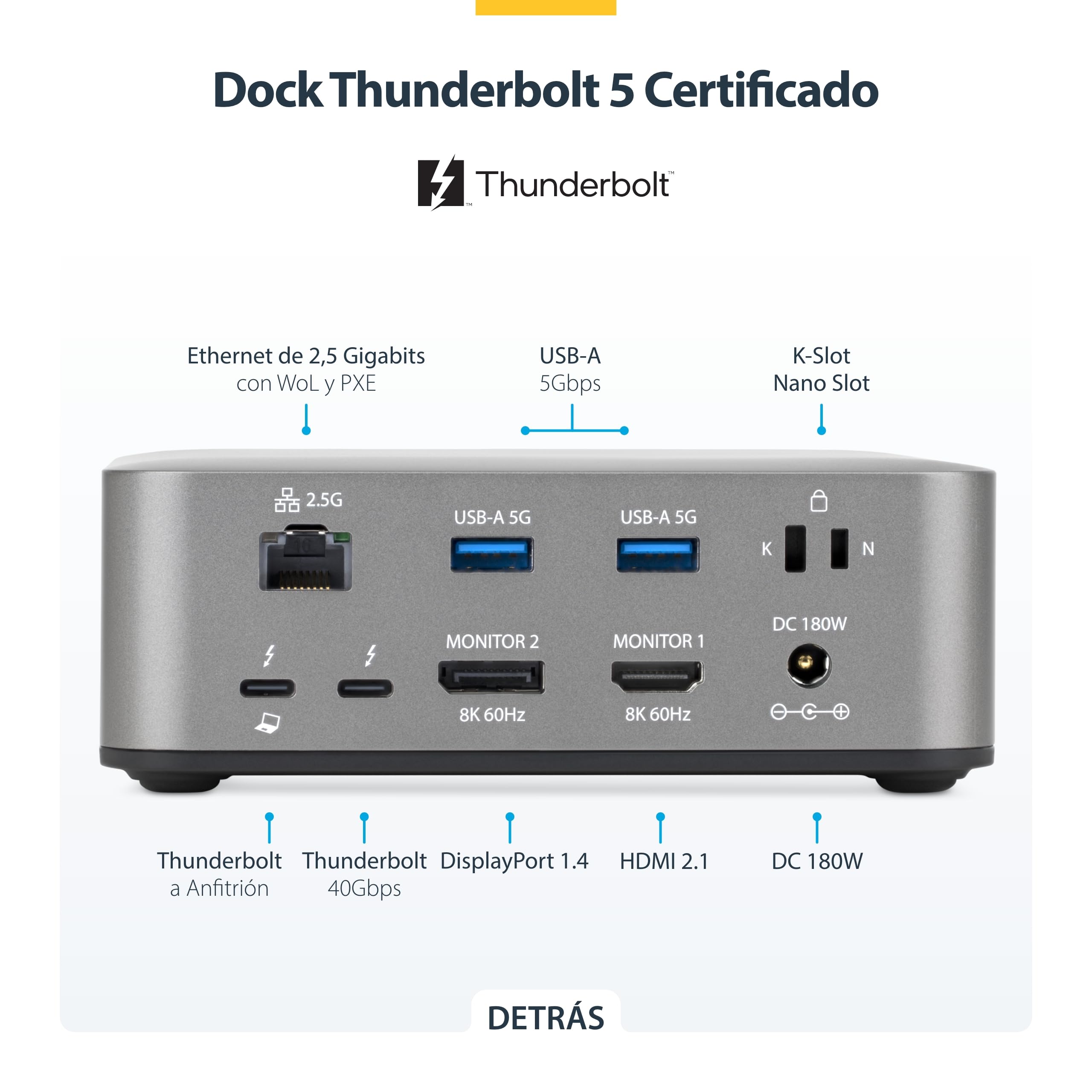 StarTech Dock Thunderbolt 5 USB4, 4K 144Hz Triple, 8K 60Hz Doble, 140W | 4K 144Hz triple u 8K 60Hz doble, Carga de móvil 30W, Ethernet de 2,5Gbps, Power Delivery 140W, Ranura SD 4.0 UHS-II