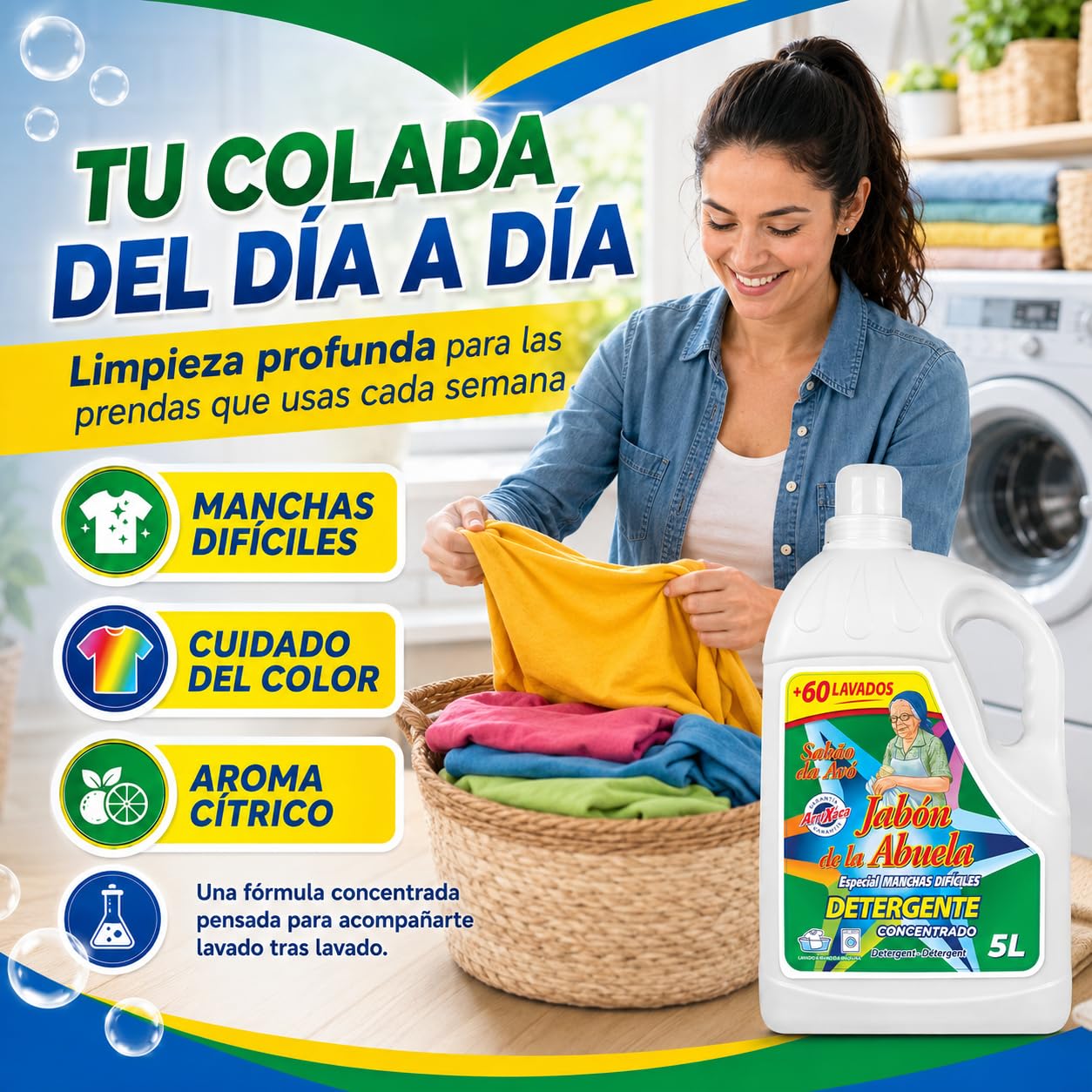 Detergente Líquido Concentrado para Lavadora 20 Litros, Especial contra Manchas Difíciles, más de 60 Lavados Garantizados