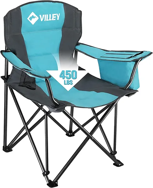 VILLEY Camping Chair, Oversized Folding Camp Chair, Portable Outdoor Chairs Support 450 LBS with Padded Seats, Cooler Bag, Cup Holder, Carry Bag, Blue Blue Camping Chair with Cooler