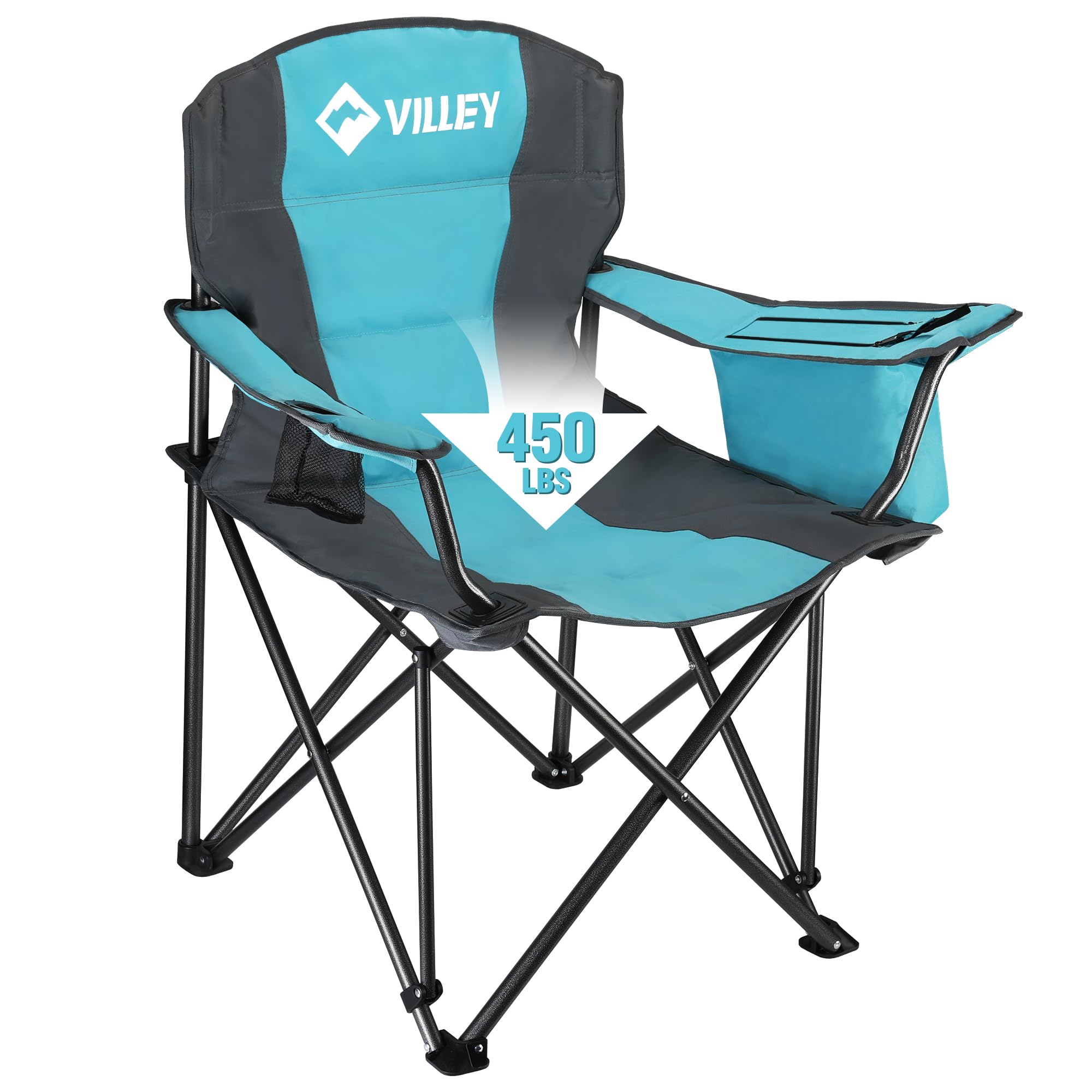 VILLEY Camping Chair, Oversized Folding Camp Chair, Portable Outdoor Chairs Support 450 LBS with Padded Seats, Cooler Bag, Cup Holder, Carry Bag, Blue