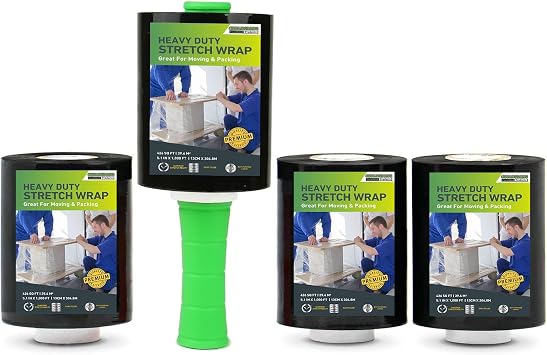 Mini Black Stretch Wrap Film for Moving,5x1000ft,4 Rolls Plastic Wrap Refills with 1 Plastic Handle,Hand Stretch Wrap for Packing,Moving,Package, Industrial,80 Gauge CHUANGDANG